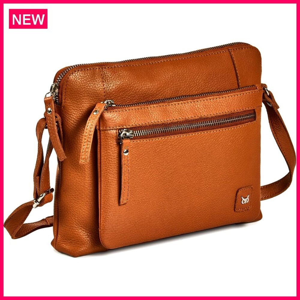 Small Genuine Leather Crossbody Bag With Multiple Zipper Pockets